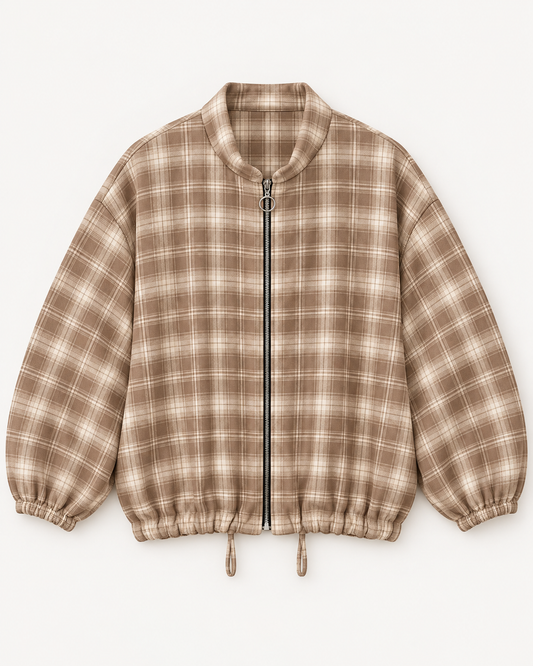 Women's Checked Teddy Bomber Jacket with Zip