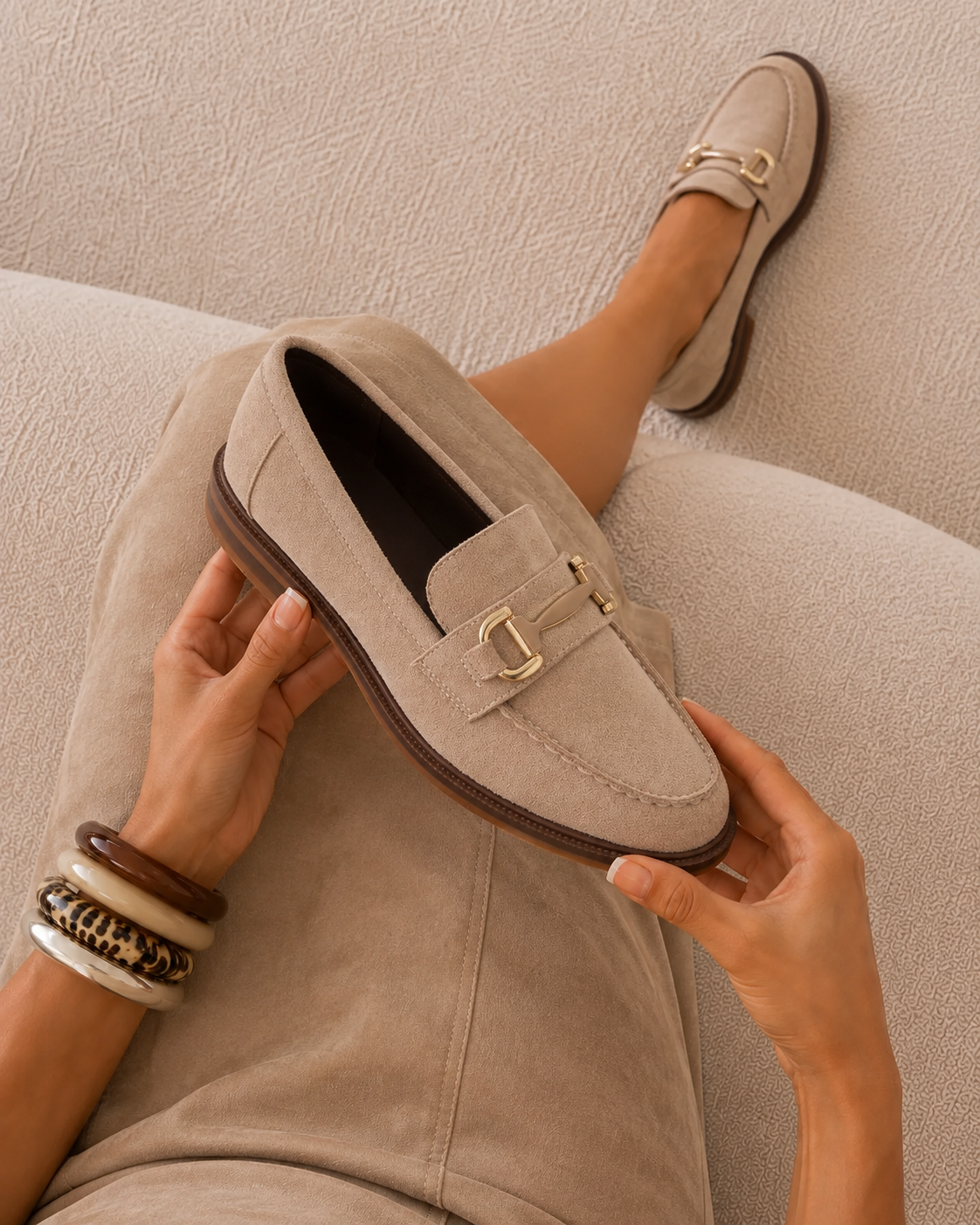 Laura | Women's Flat Loafers with Gold Detail in Beige