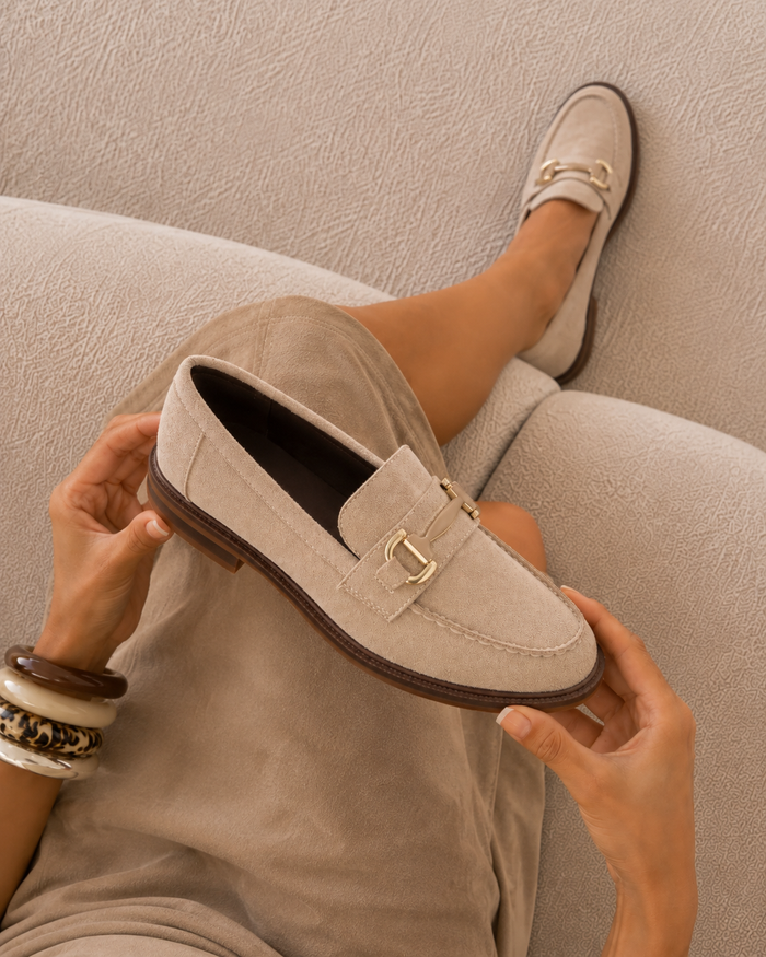 Laura | Women's Flat Loafers with Gold Detail in Beige