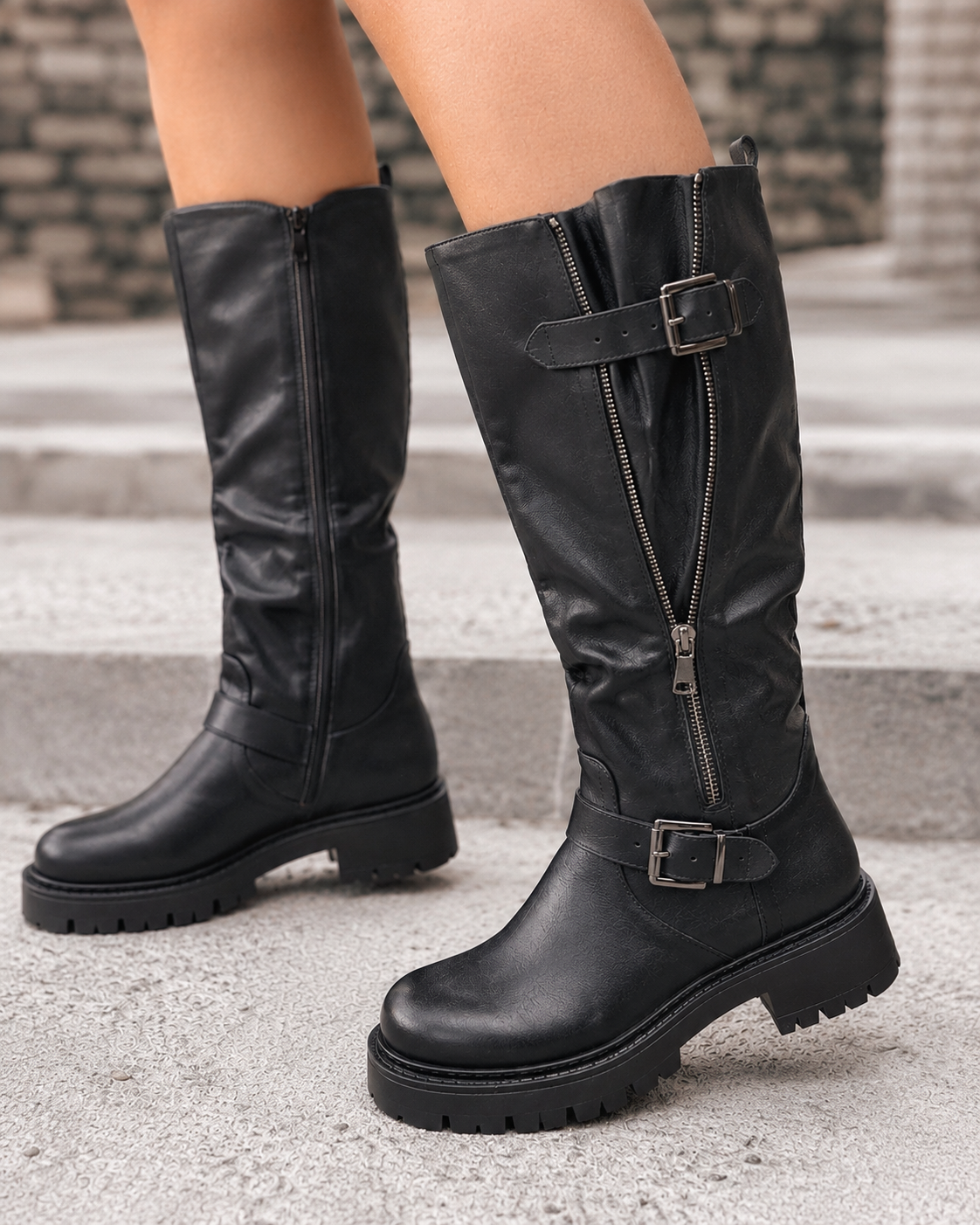 Eef | Women's Wide Calf Knee-High Boots with Adjustable Shaft in Black