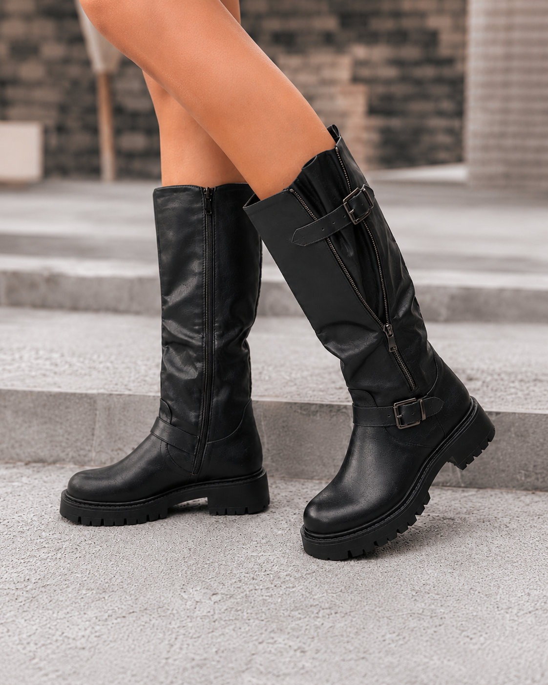 Eef | Women's Wide Calf Knee-High Boots with Adjustable Shaft in Black