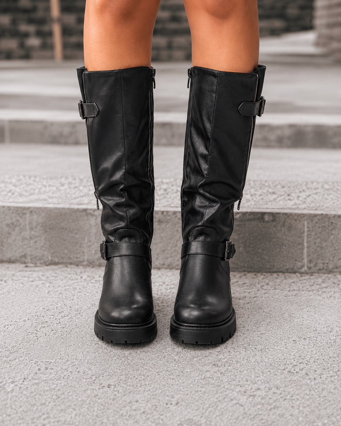 Eef | Women's Wide Calf Knee-High Boots with Adjustable Shaft in Black