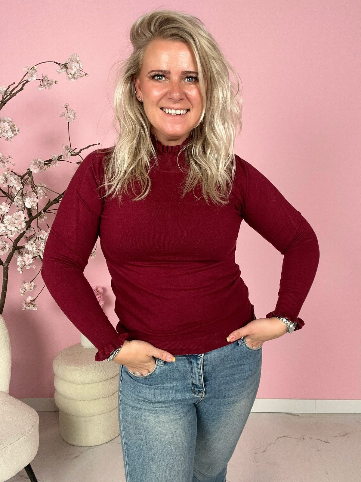 Women's Ruffle Trim Glitter Knit Top