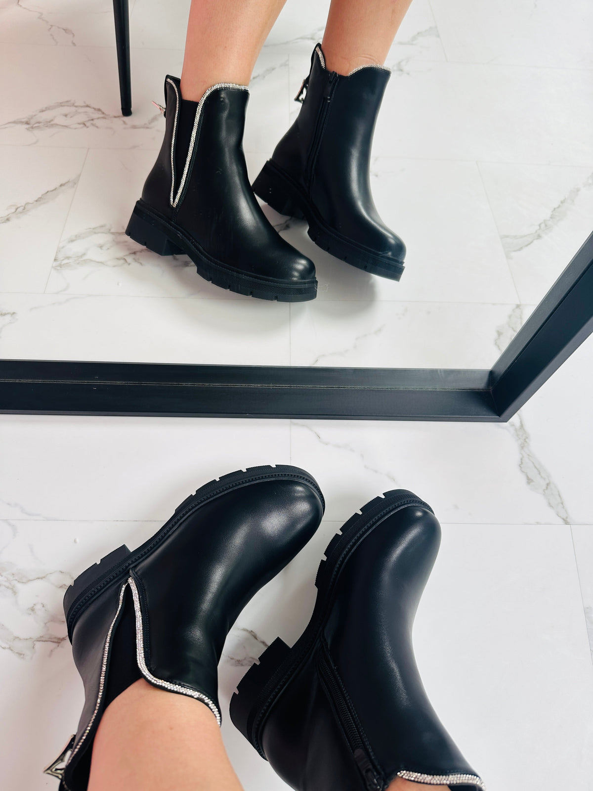Shanty | Women's Chunky Ankle Boots with Rhinestone Detail in Black