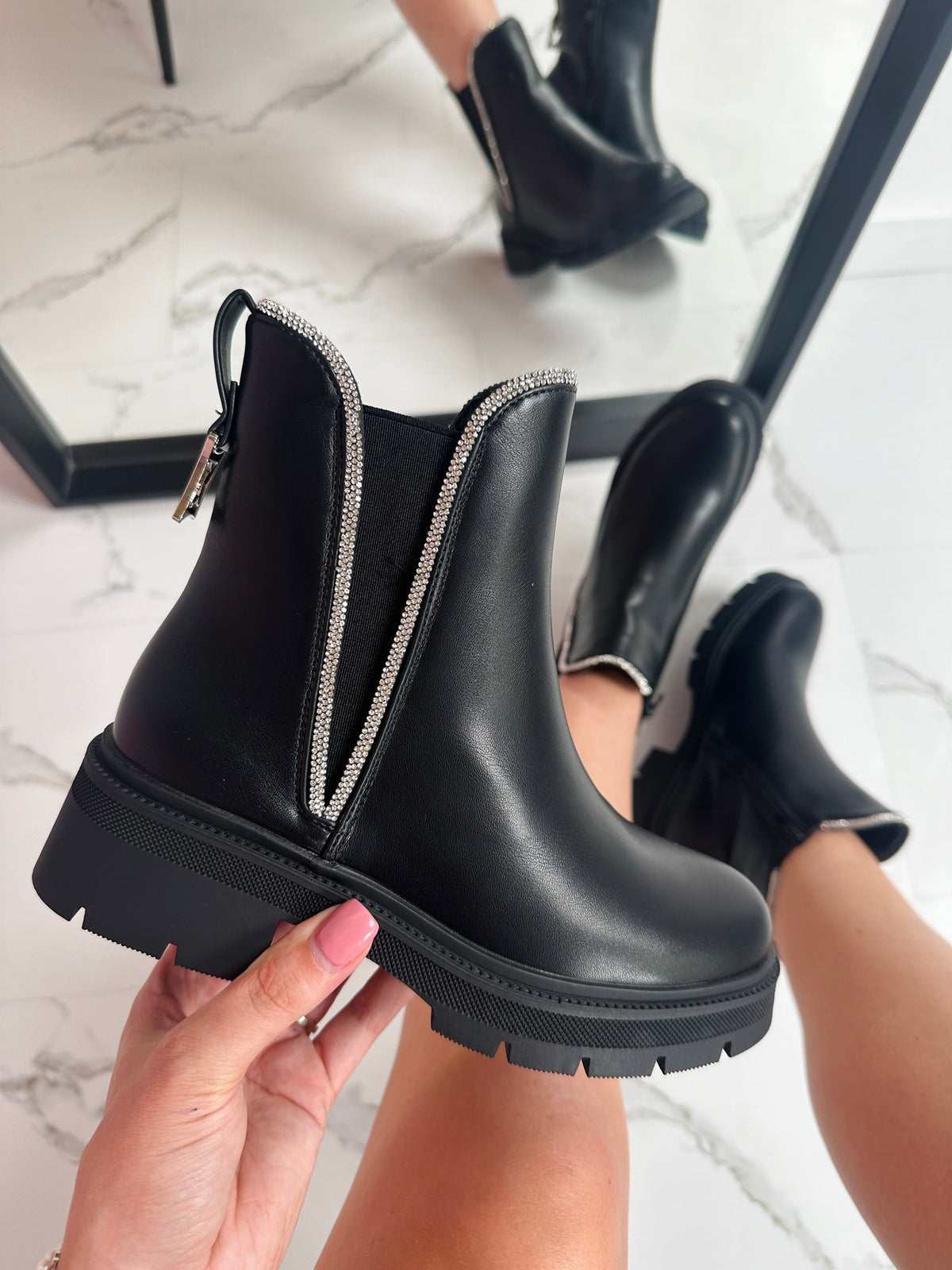 Shanty | Women's Chunky Ankle Boots with Rhinestone Detail in Black