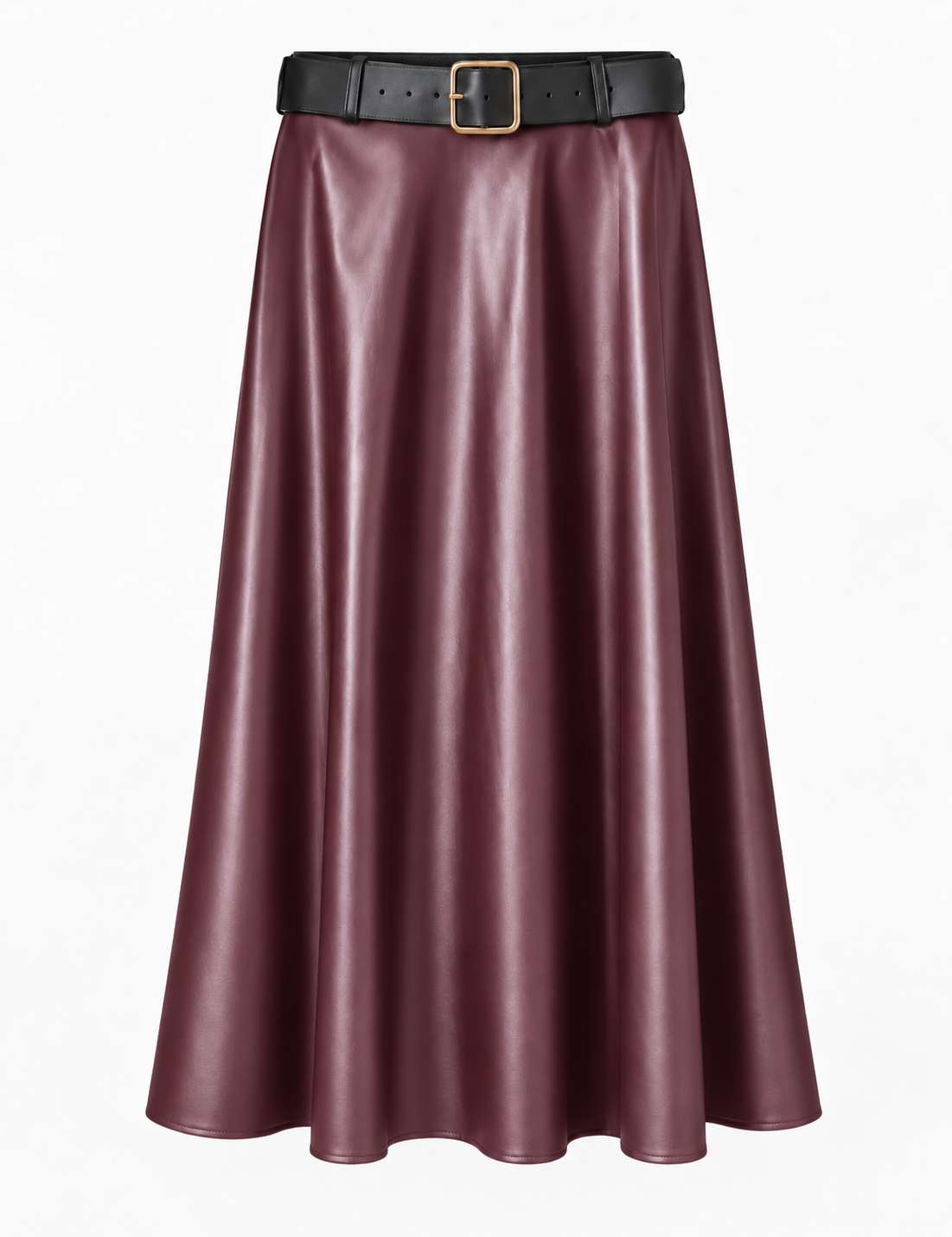 Women's Faux Leather Midi Skirt with Belt