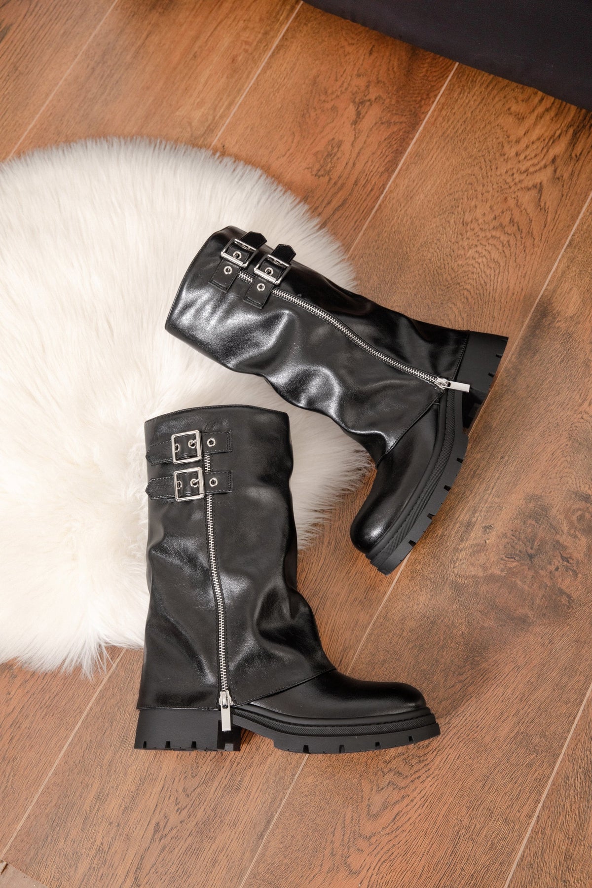 Cover | Women's Patent Mid-Calf Boots with Silver Details, enlarged view