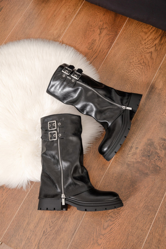 Cover | Women's Patent Mid-Calf Boots with Silver Details