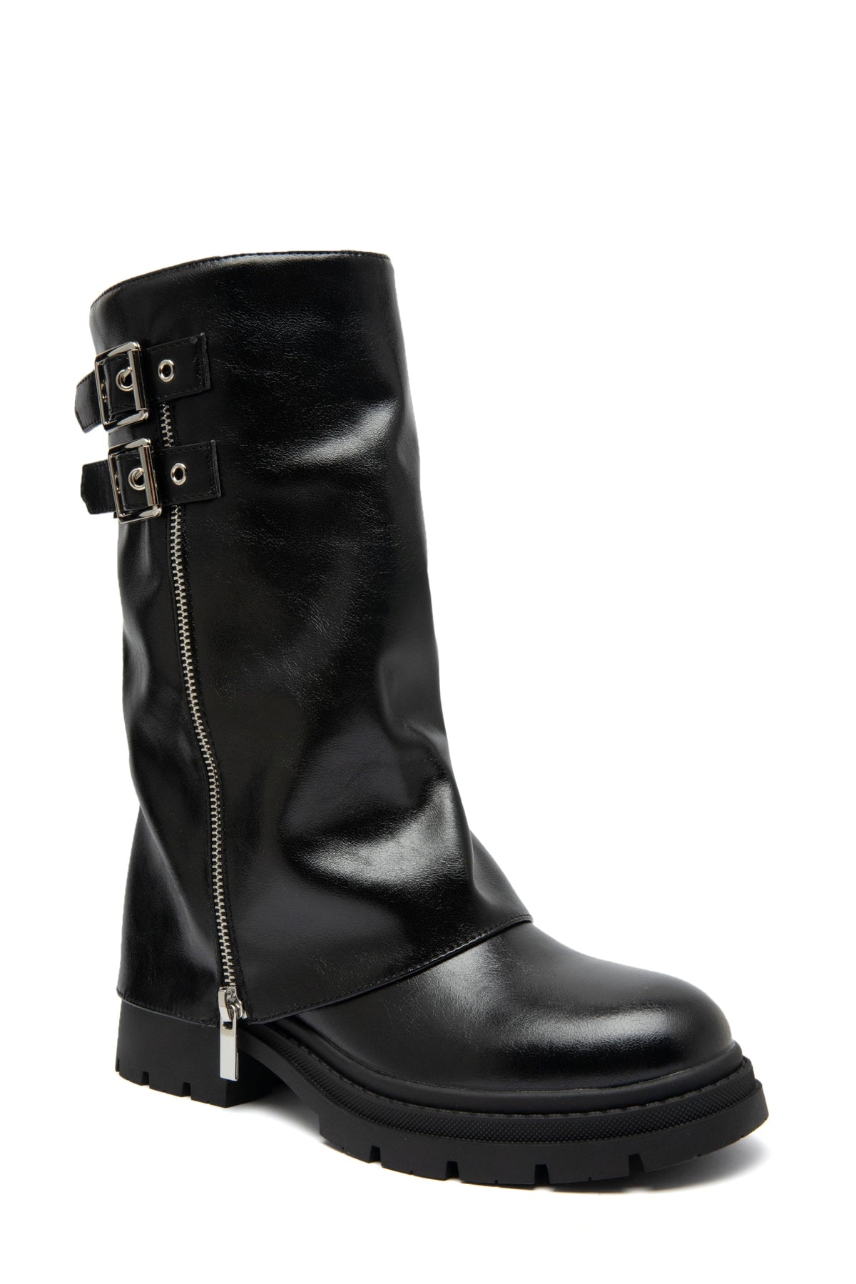 Cover | Women's Patent Mid-Calf Boots with Silver Details