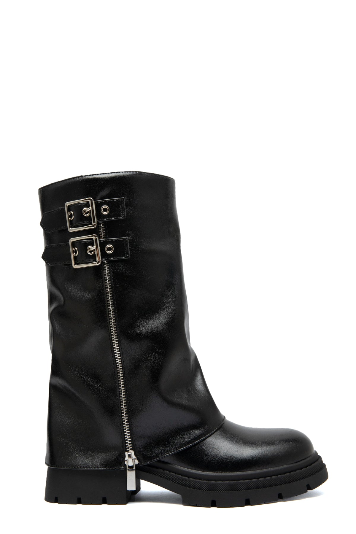 Cover | Women's Patent Mid-Calf Boots with Silver Details