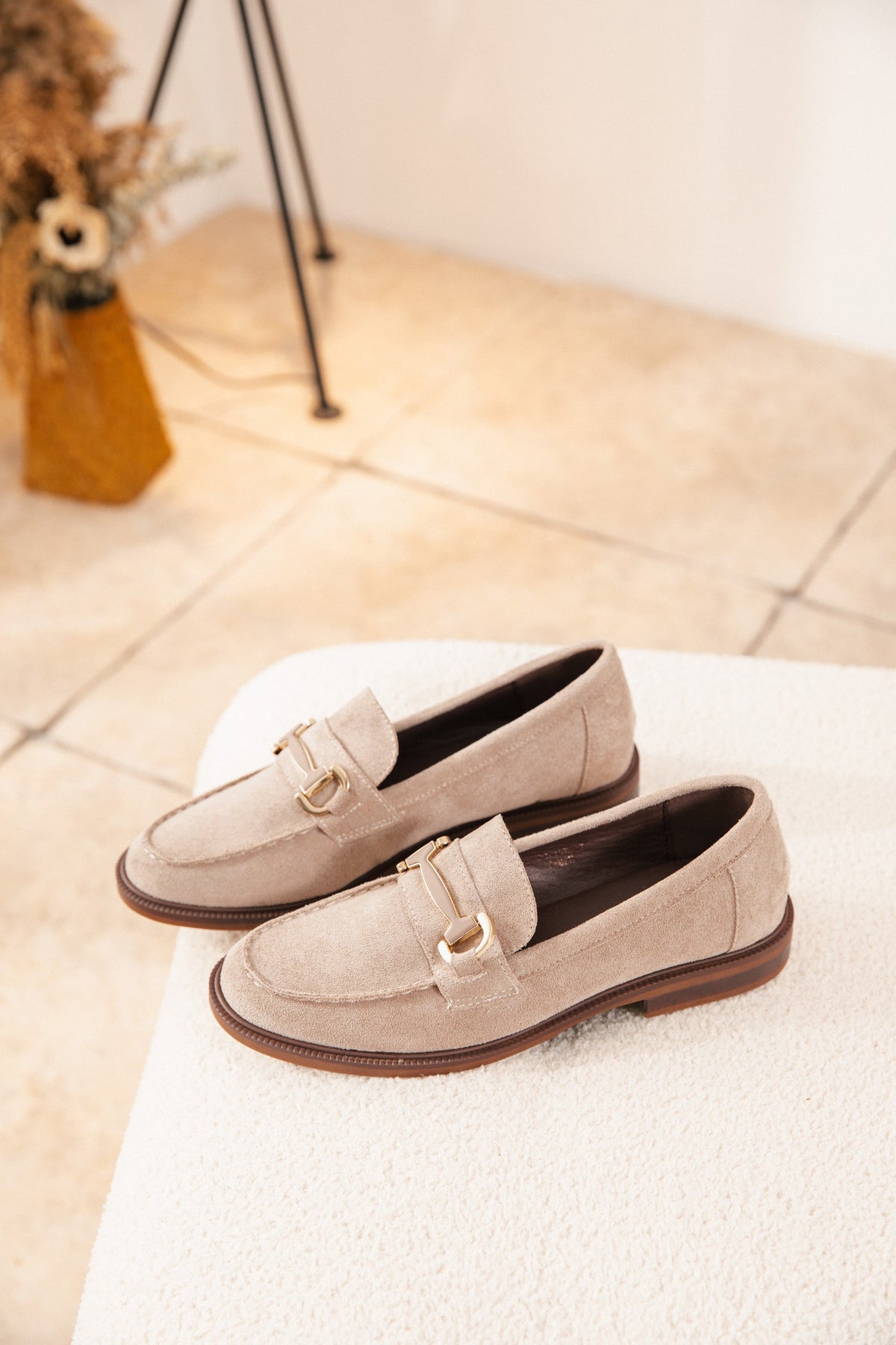 Laura | Women's Flat Loafers with Gold Detail in Beige