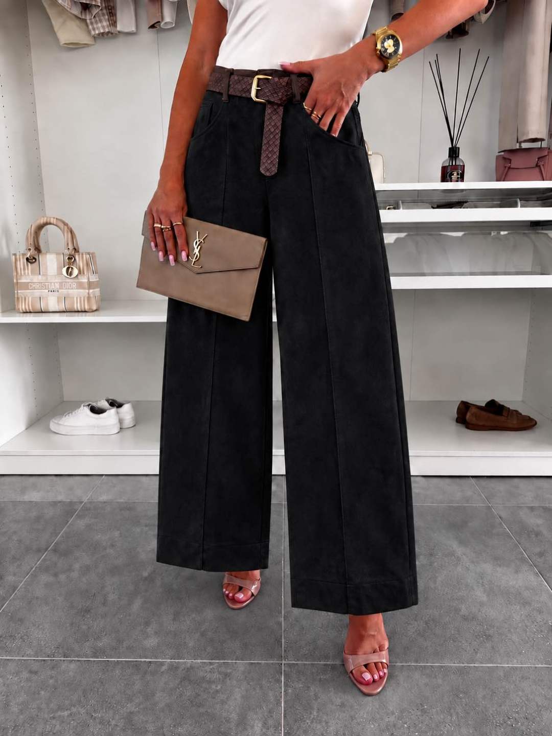 Women's Faux Suede Balloon Trousers with Belt, enlarged view