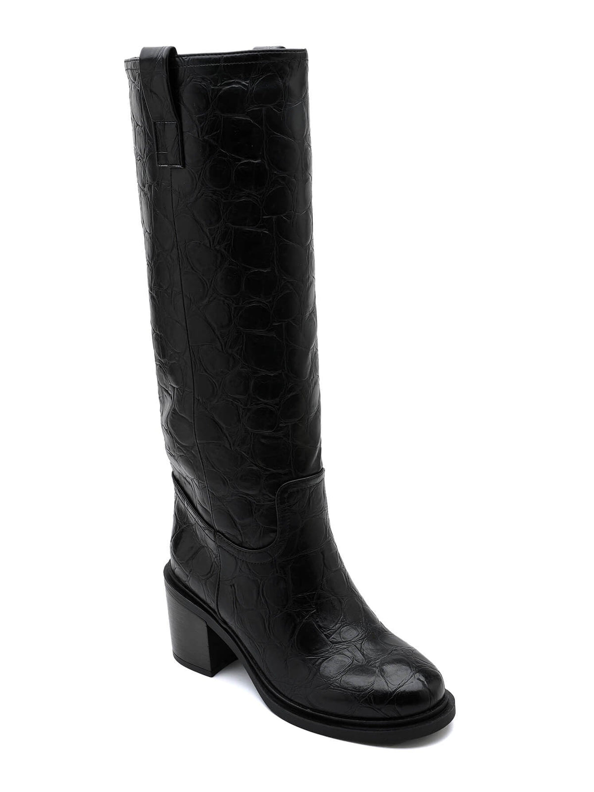 Suuz | Women's Knee-High Croc-Effect Block Heel Boots in Black