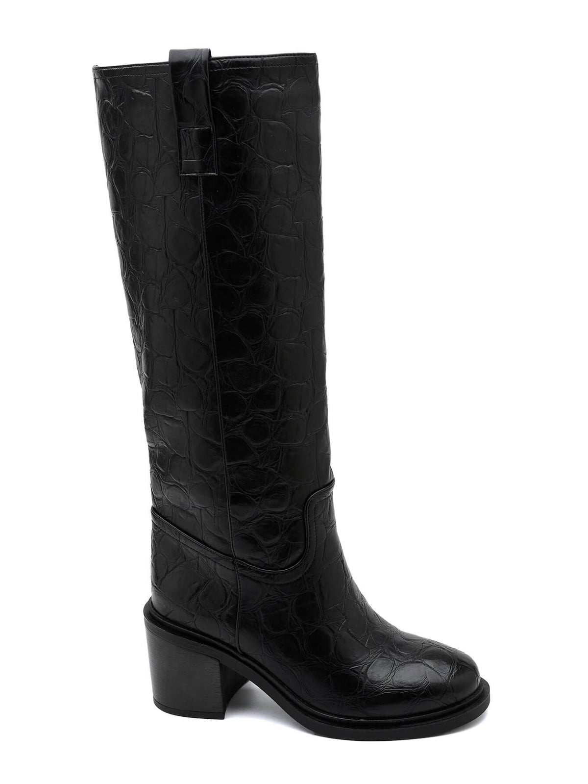 Suuz | Women's Knee-High Croc-Effect Block Heel Boots in Black