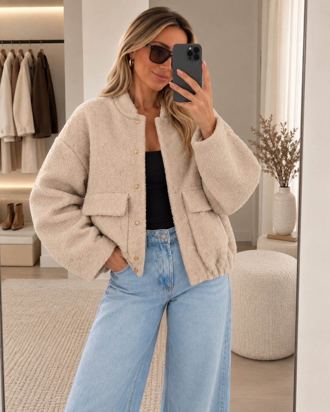 Women's Teddy Bomber Jacket with Button Fastening