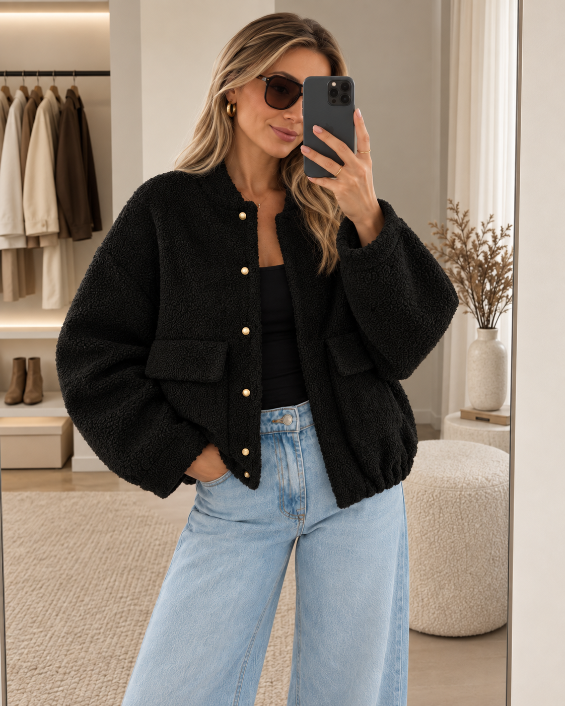 Women's Teddy Bomber Jacket with Button Fastening