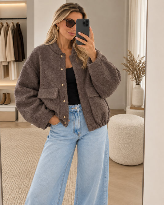 Women's Teddy Bomber Jacket with Button Fastening