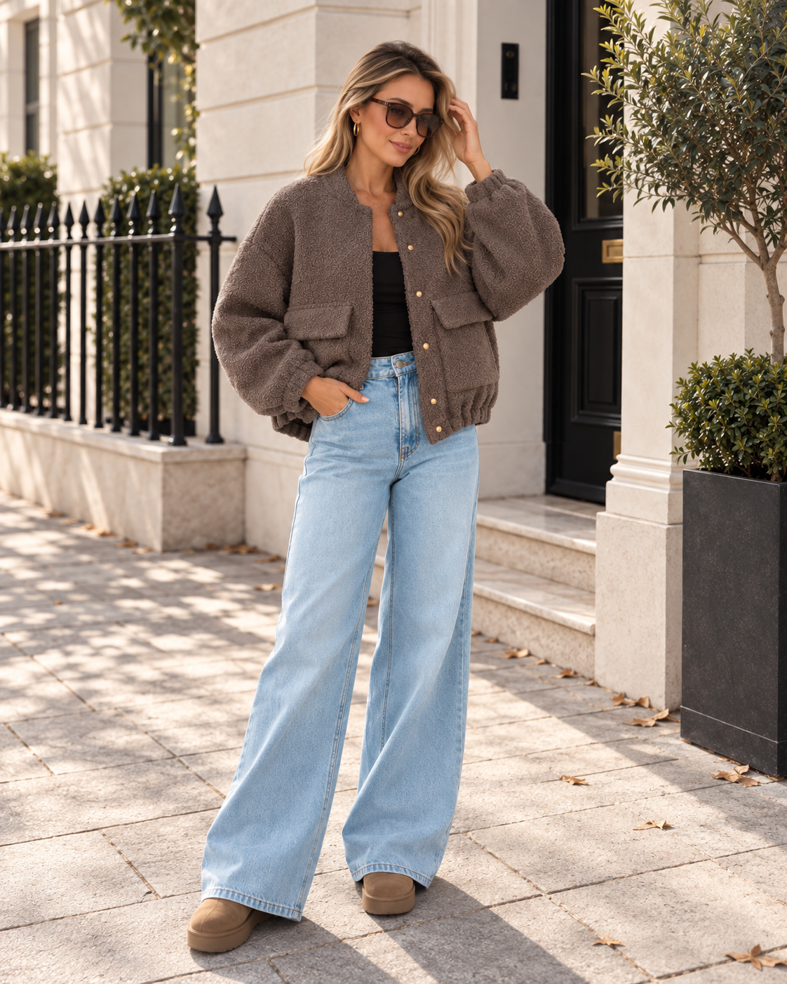Women's Teddy Bomber Jacket with Button Fastening