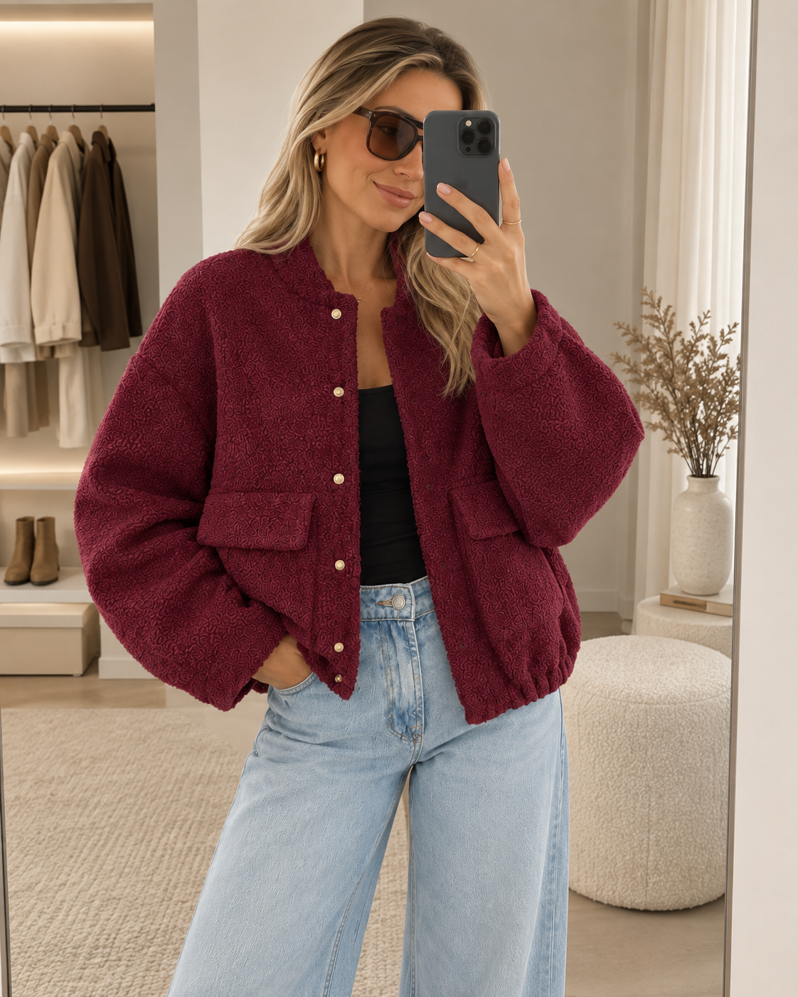Women's Teddy Bomber Jacket with Button Fastening