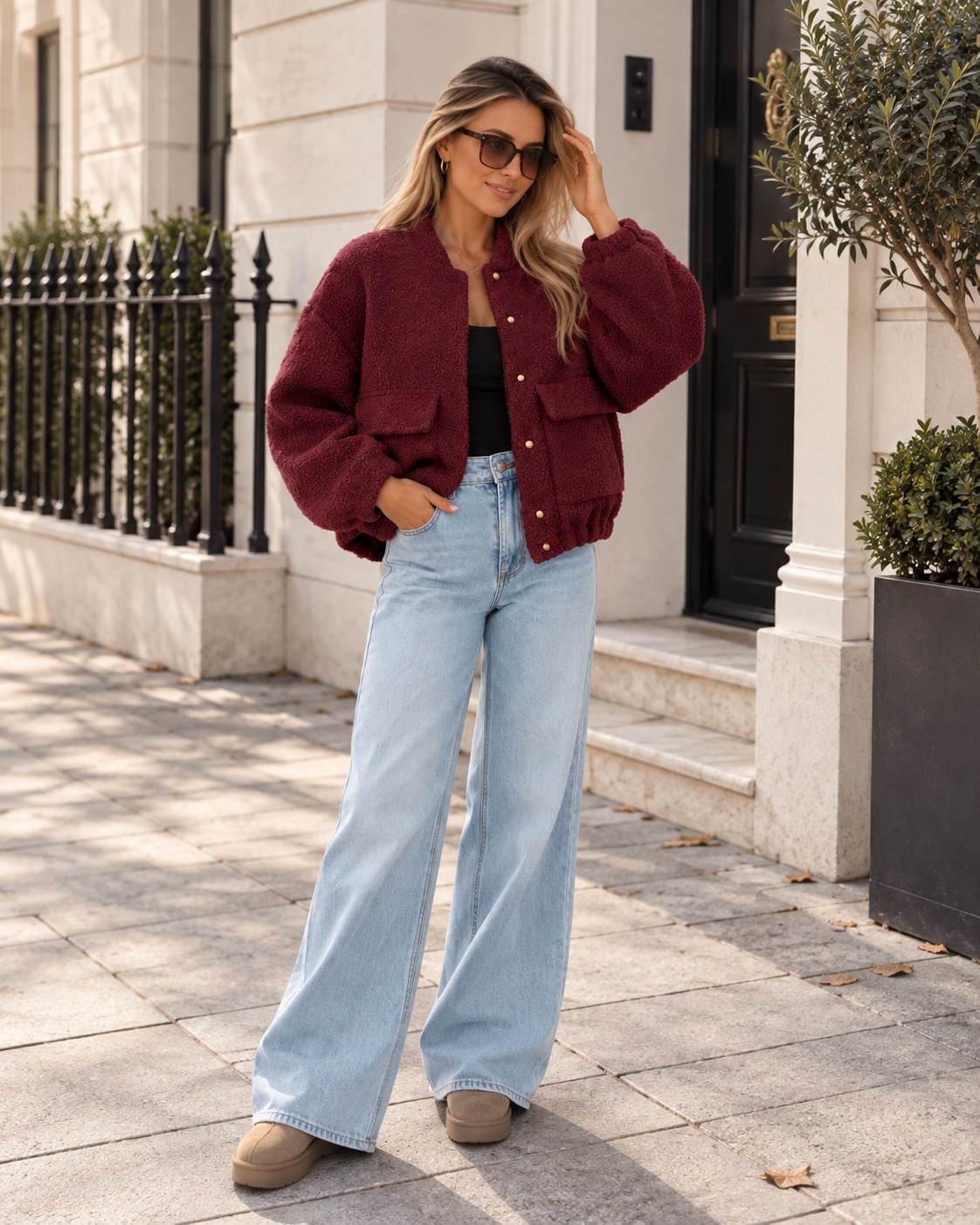 Women's Teddy Bomber Jacket with Button Fastening