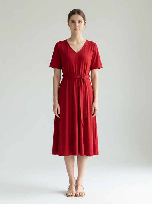 Red A-Line V-Neck Belted Dress