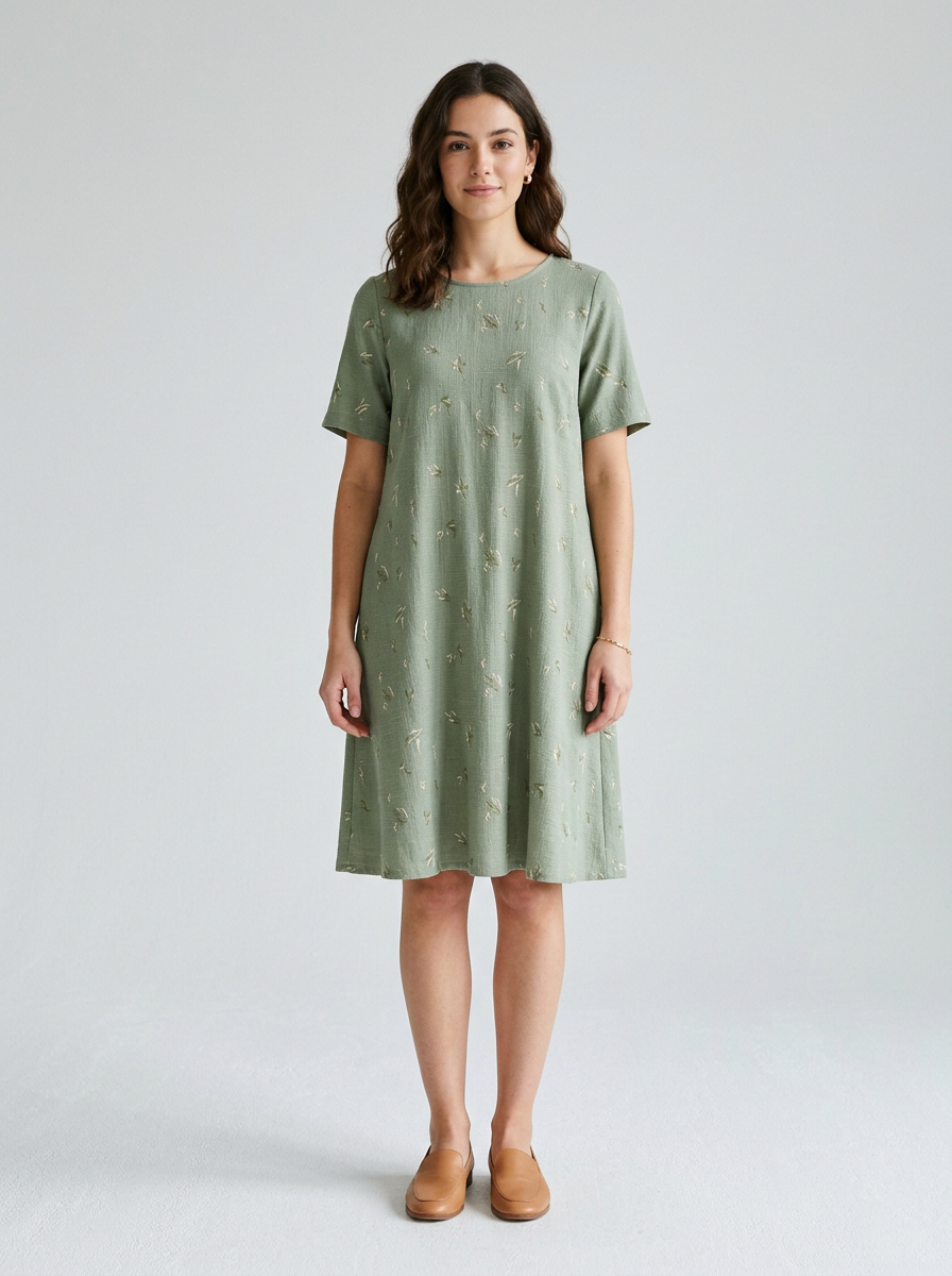 Sage Green Textured Knee-Length Dress