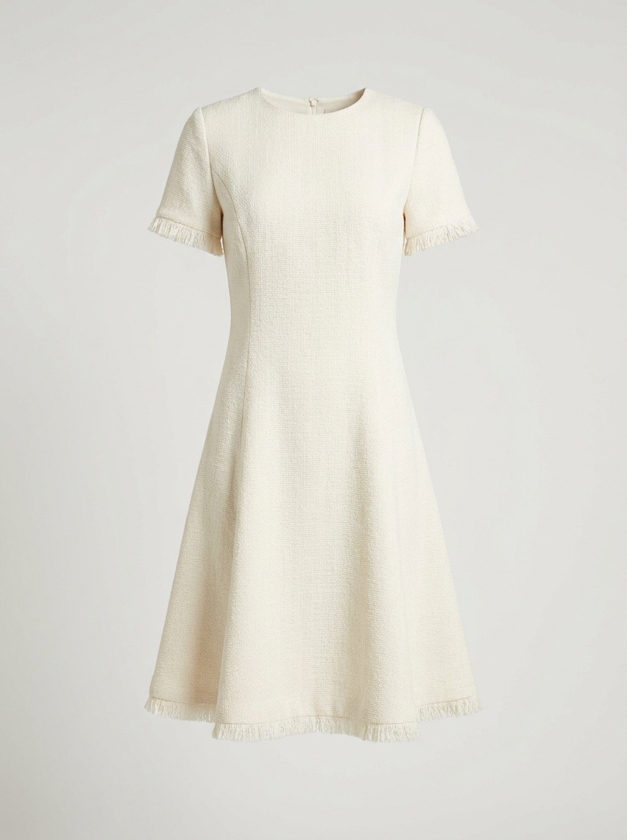 Ivory Fringe-Trim Textured Midi Dress