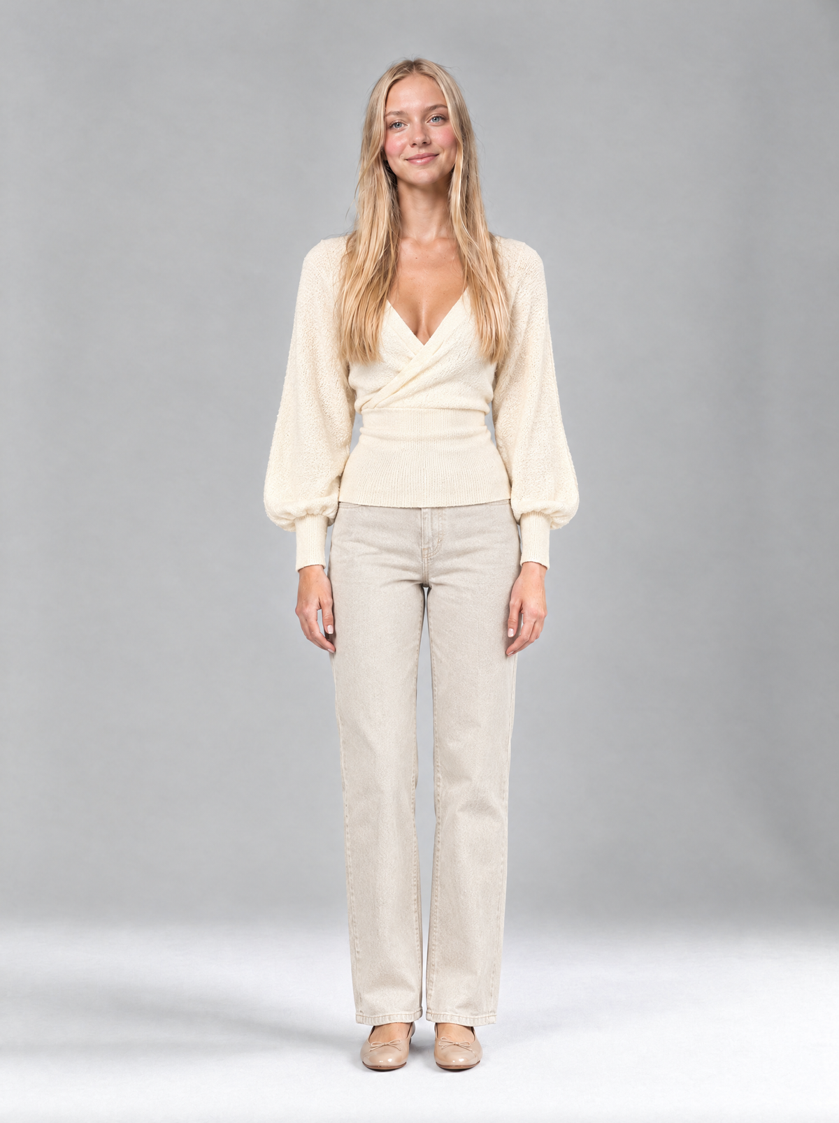 Emilia | Women's Wrap Over V-Neck Jumper in Cream