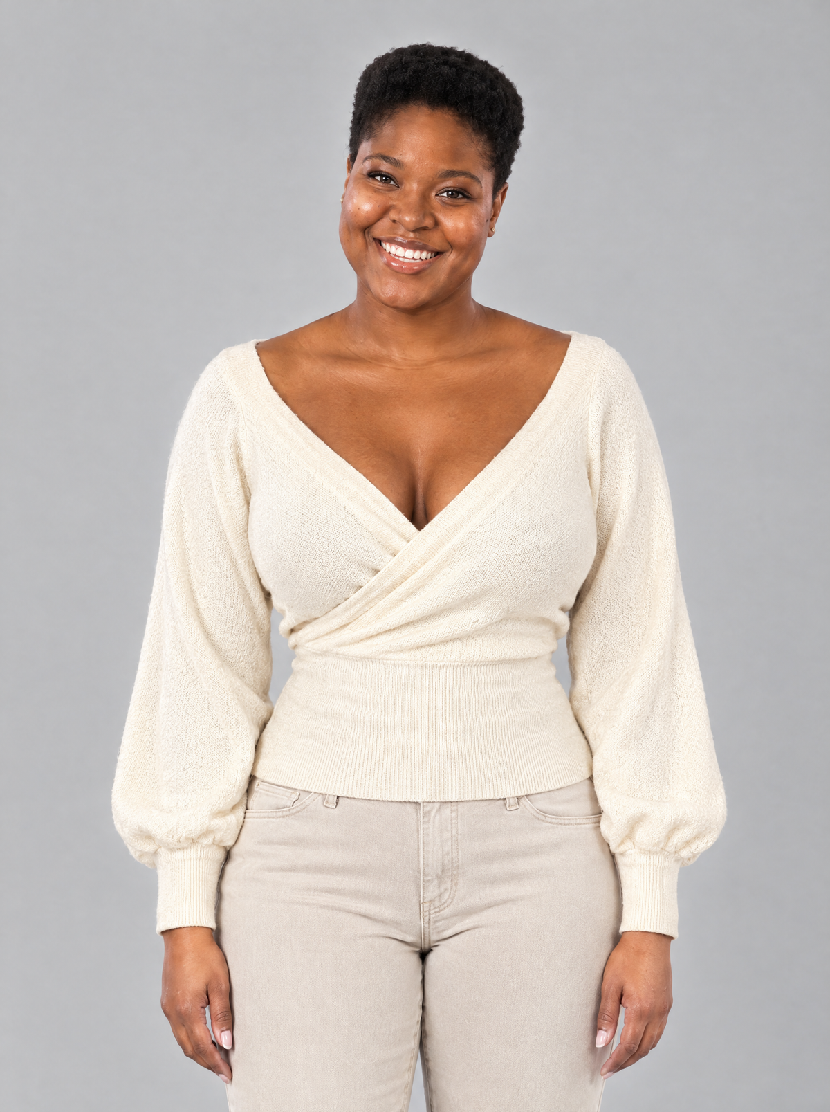 Emilia | Women's Wrap Over V-Neck Jumper in Cream