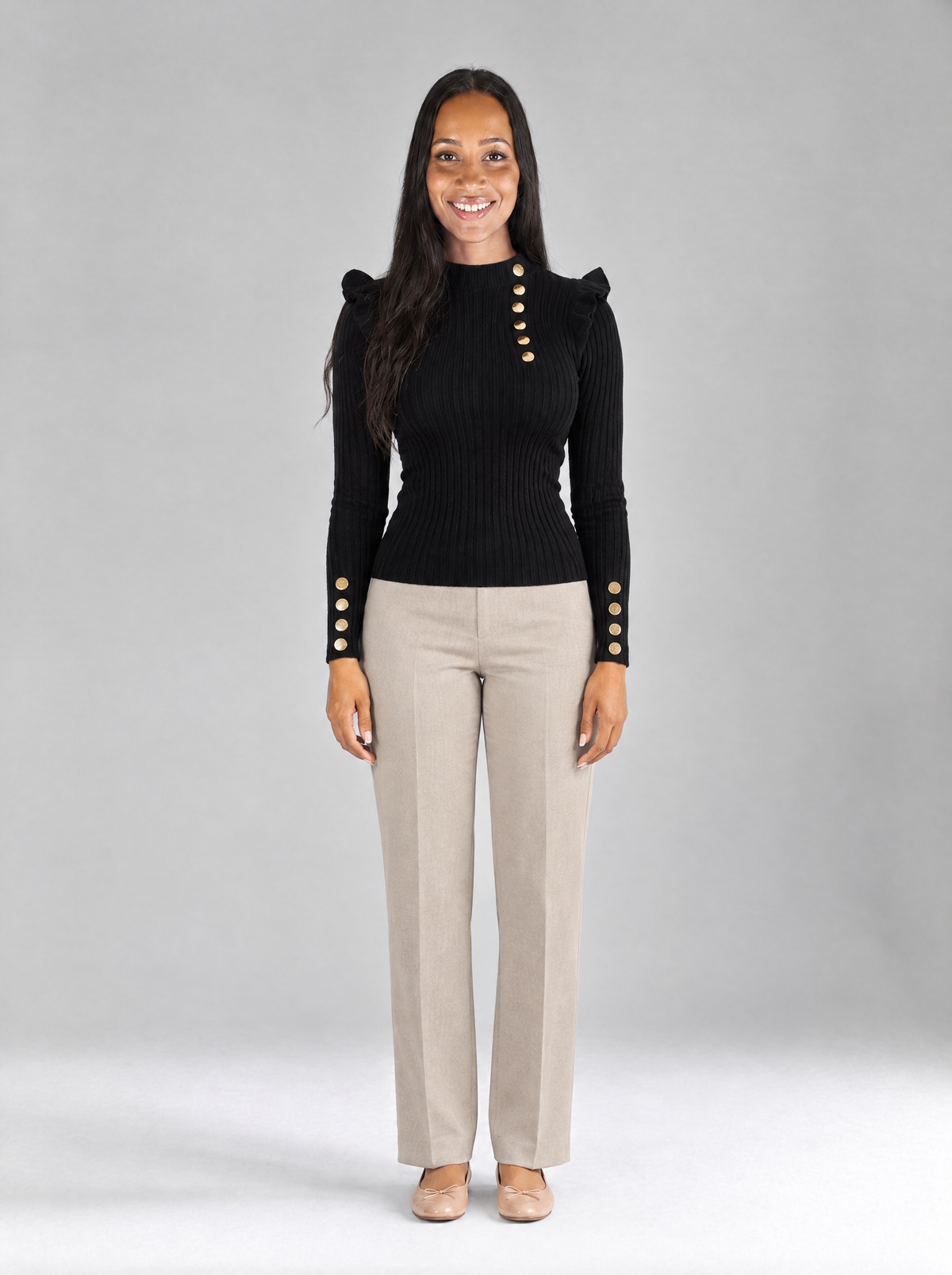 Ilaria | Women's Frill Sleeve Jumper with Gold Buttons in Black