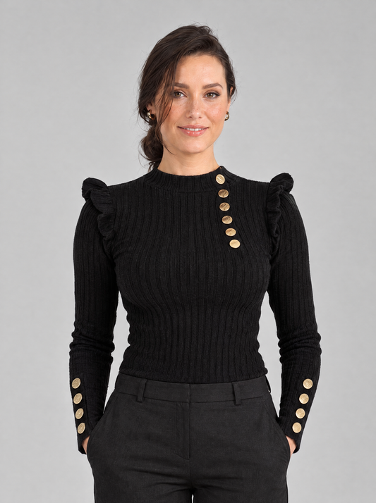 Ilaria | Women's Frill Sleeve Jumper with Gold Buttons in Black