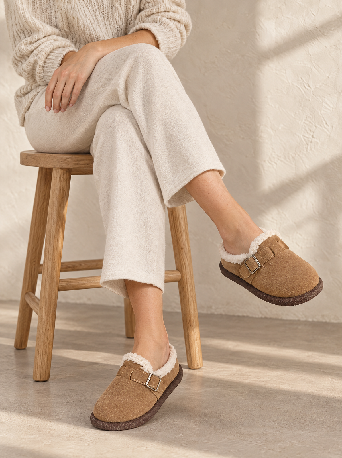 Marta | Women's Fleece-Lined Faux Suede Clog Slippers with Buckle