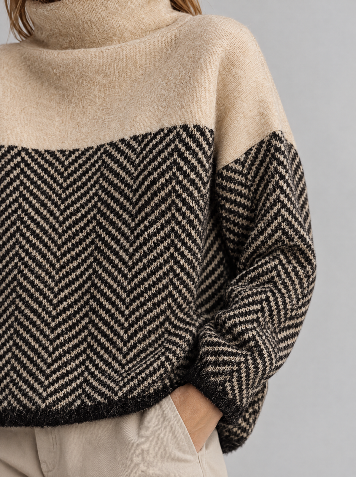 Sabrina | Women's Herringbone Cotton Roll Neck Jumper