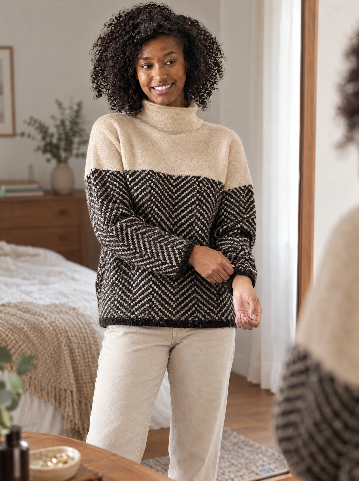 Sabrina | Women's Herringbone Cotton Roll Neck Jumper