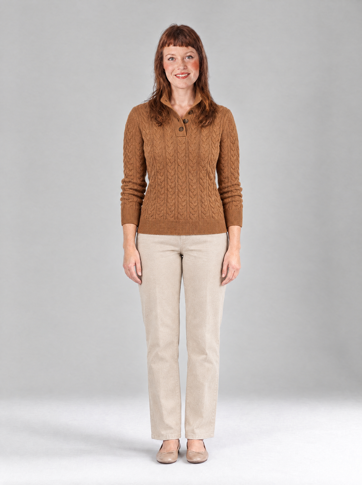 Pia | Women's Cable Knit Jumper with Half-Button Collar
