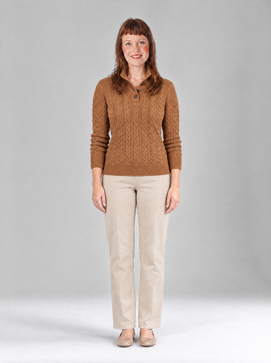Pia | Women's Cable Knit Jumper with Half-Button Collar