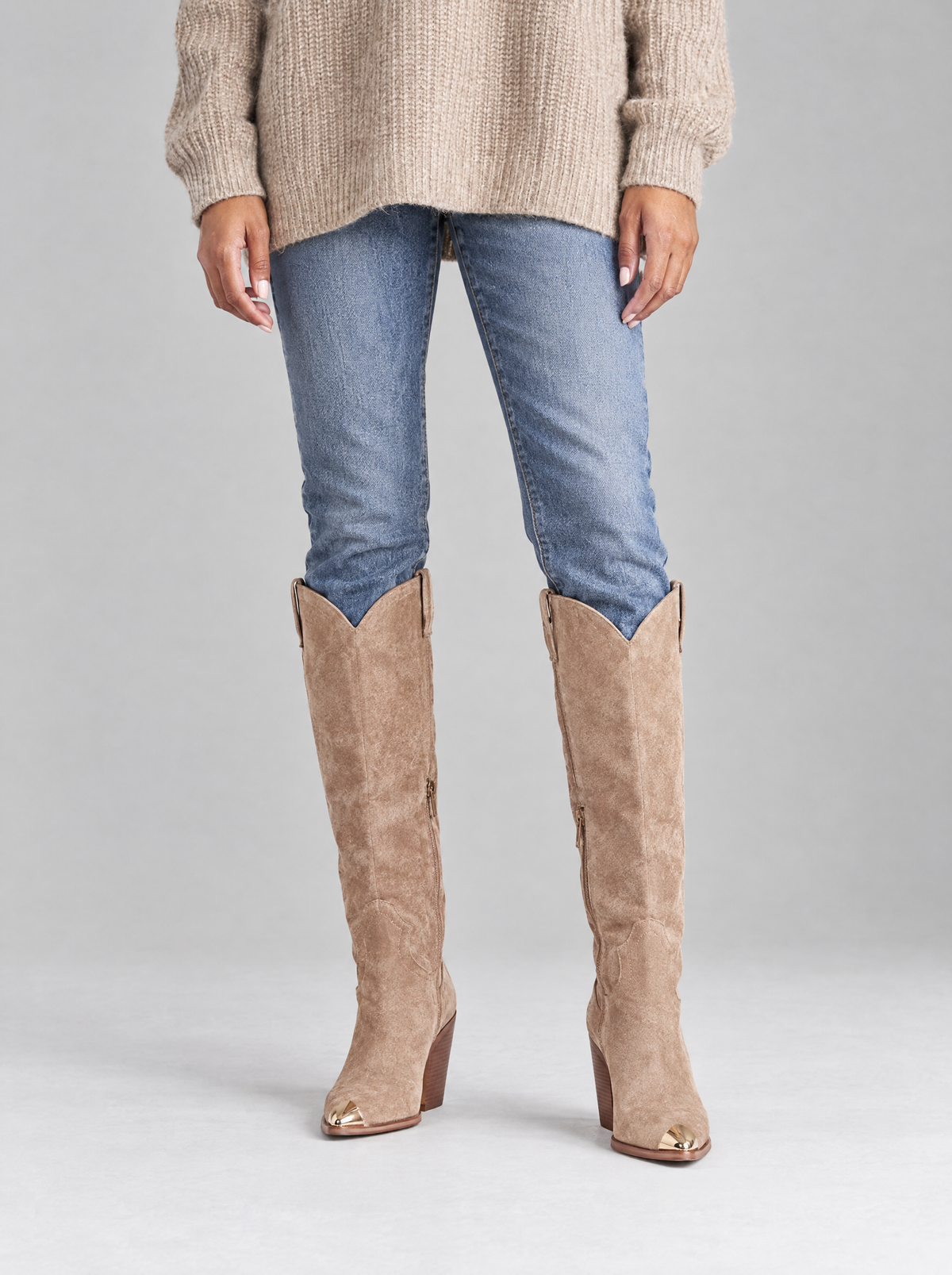Romina | Women's Knee-High Faux Suede Cowboy Boots in Khaki