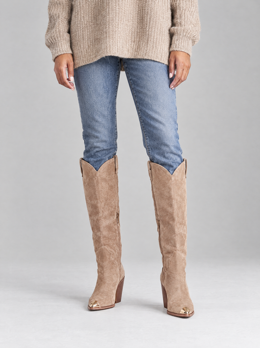 Romina | Women's Knee-High Faux Suede Cowboy Boots in Khaki