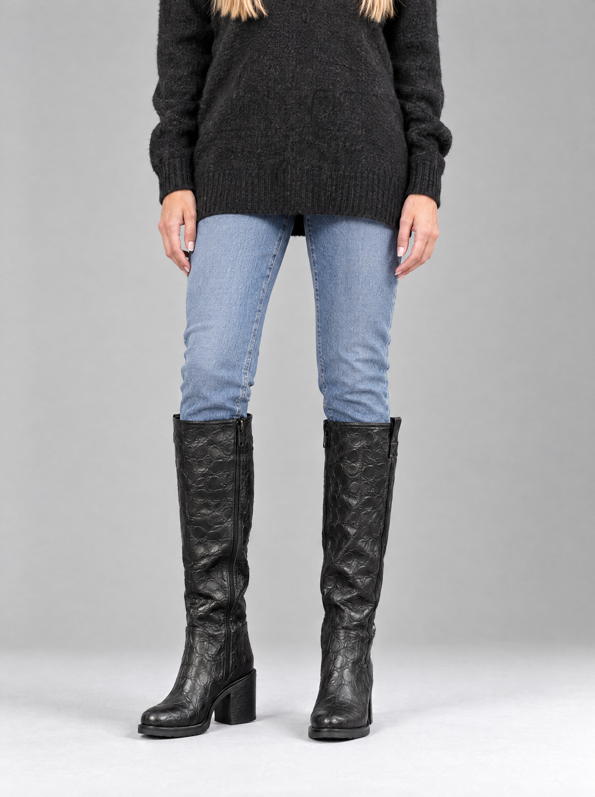 Alessia | Women's Knee-High Croc-Effect Block Heel Boots in Black