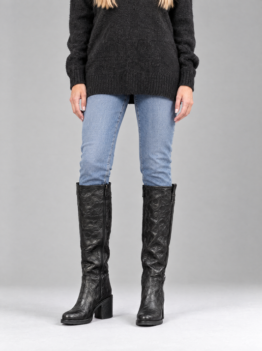 Alessia | Women's Knee-High Croc-Effect Block Heel Boots in Black