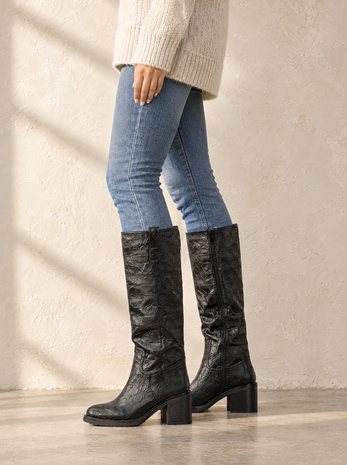Alessia | Women's Knee-High Croc-Effect Block Heel Boots in Black, enlarged view