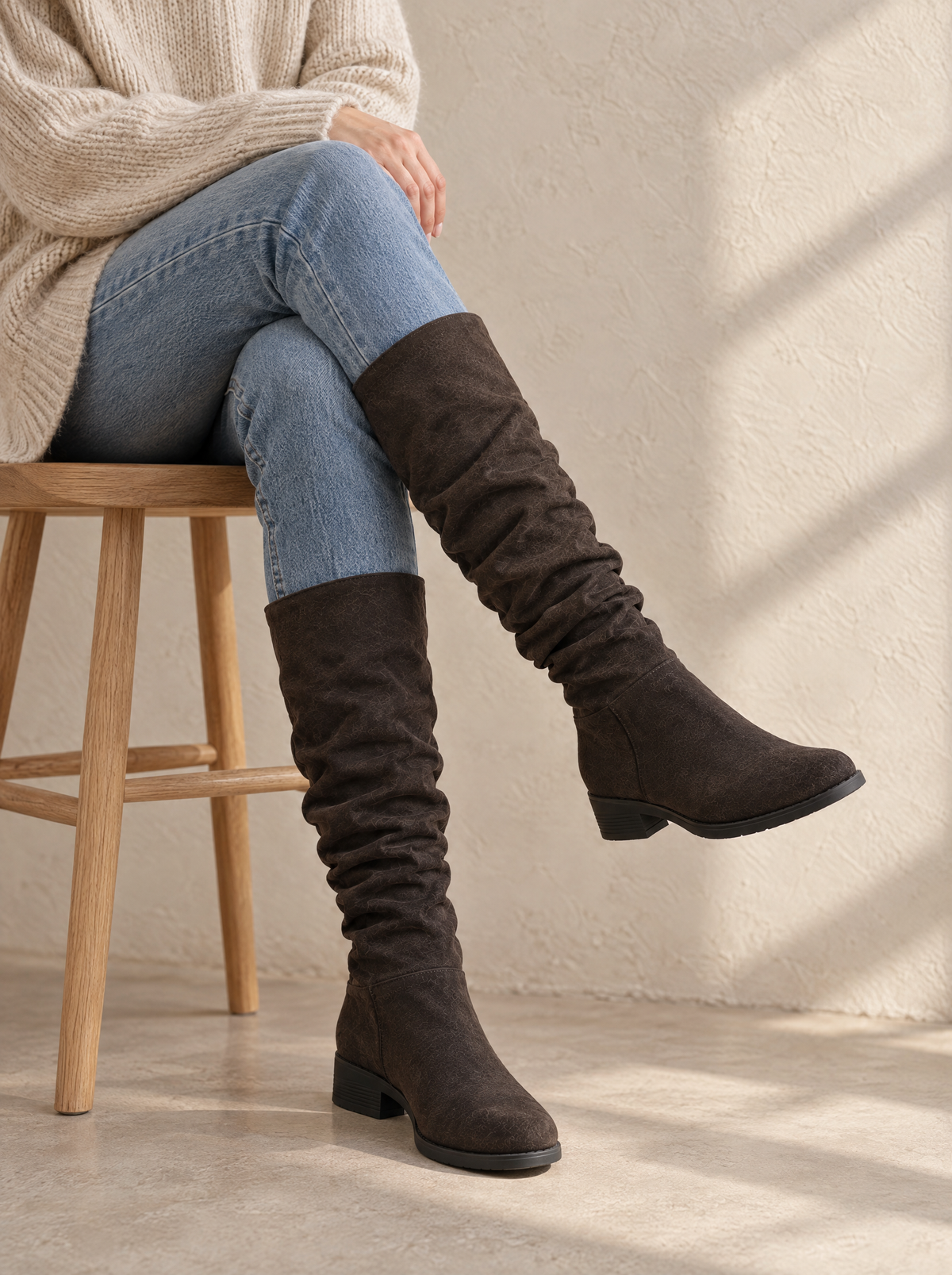 Martina | Women's Tall Low Block Heel Boots in Brown