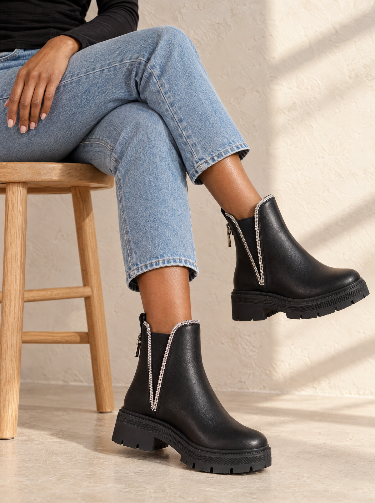 Stella | Women's Chunky Ankle Boots with Rhinestone Detail in Black