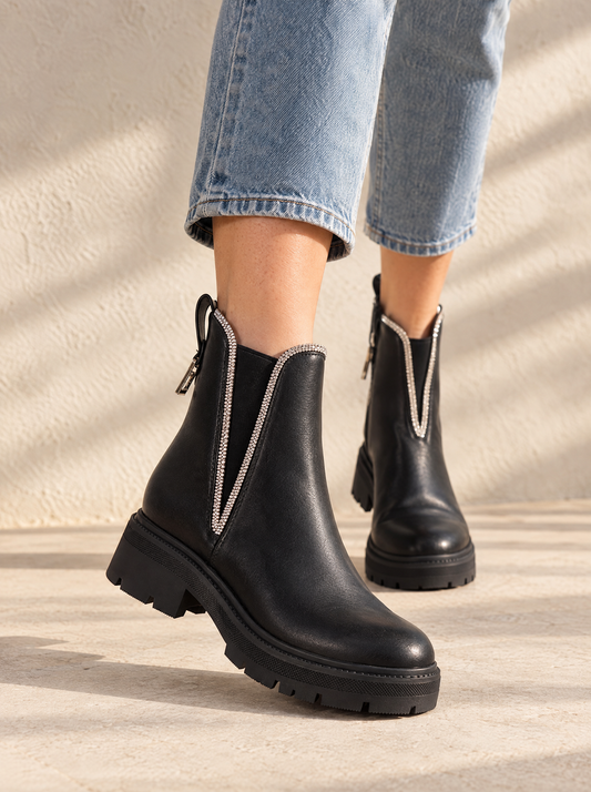 Stella | Women's Chunky Ankle Boots with Rhinestone Detail in Black