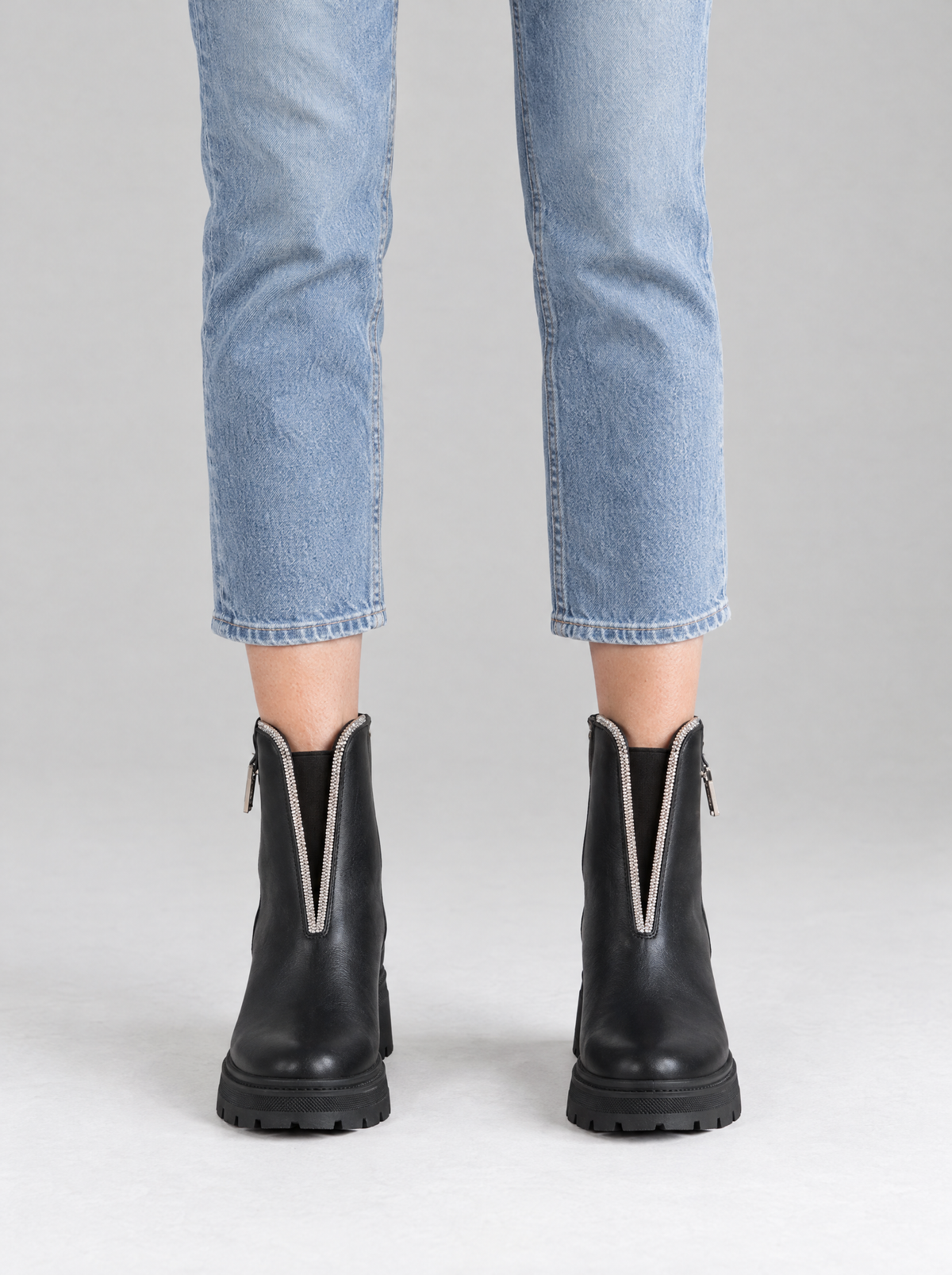 Stella | Women's Chunky Ankle Boots with Rhinestone Detail in Black