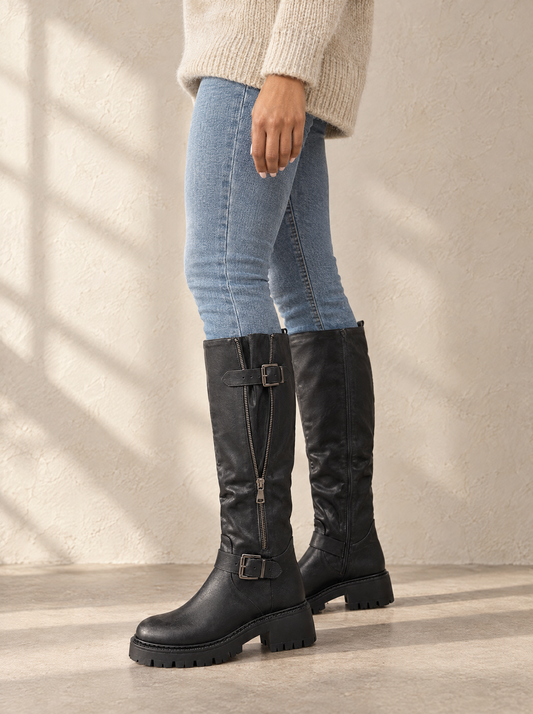 Elena | Women's Wide Calf Knee-High Boots with Adjustable Shaft in Black