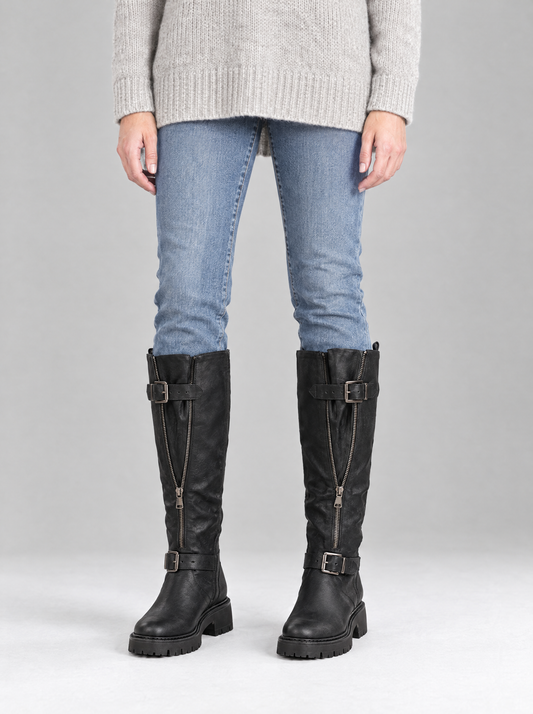 Elena | Women's Wide Calf Knee-High Boots with Adjustable Shaft in Black