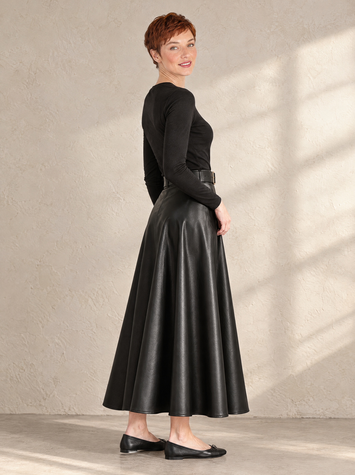 Mirella | Women's Faux Leather Midi Skirt with Belt