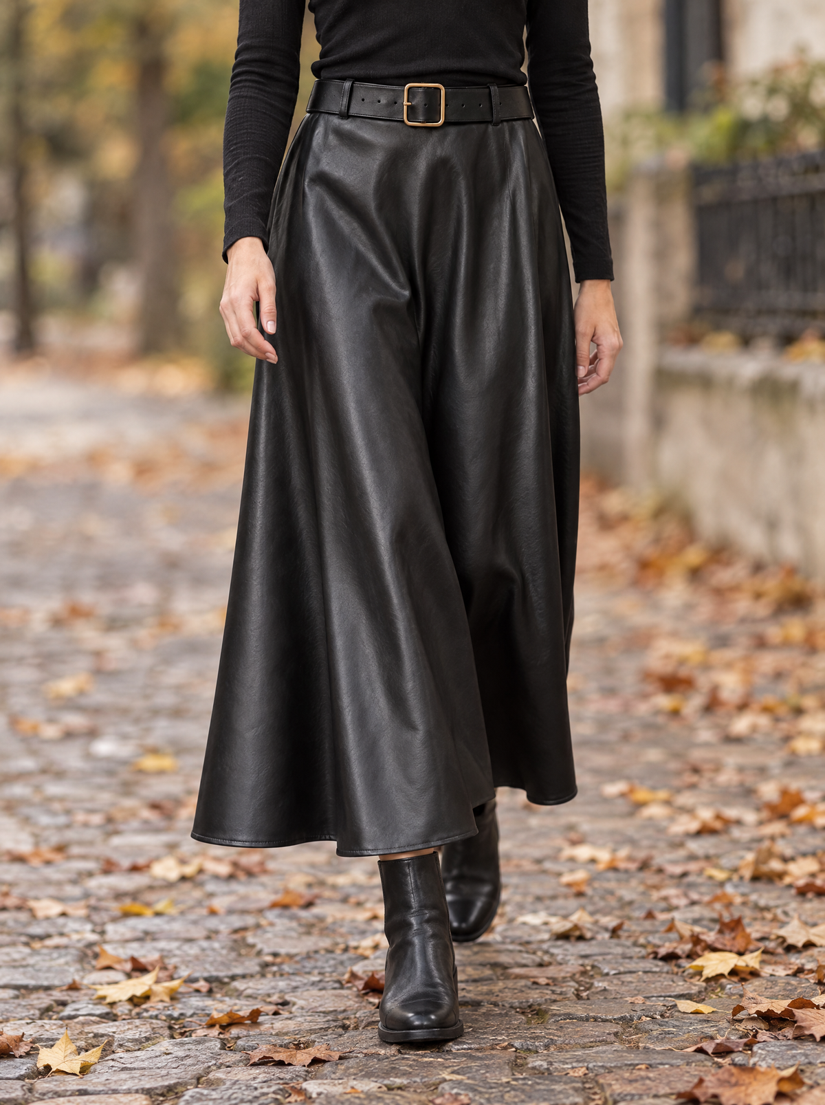 Mirella | Women's Faux Leather Midi Skirt with Belt