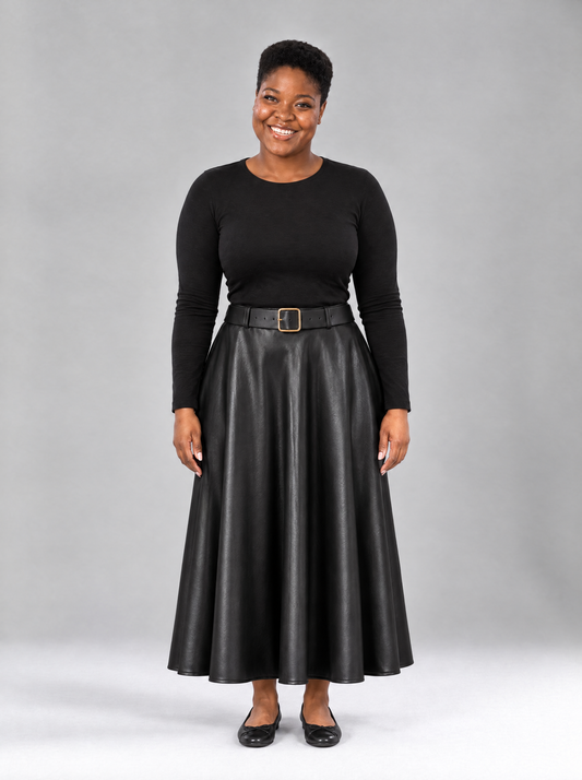 Mirella | Women's Faux Leather Midi Skirt with Belt